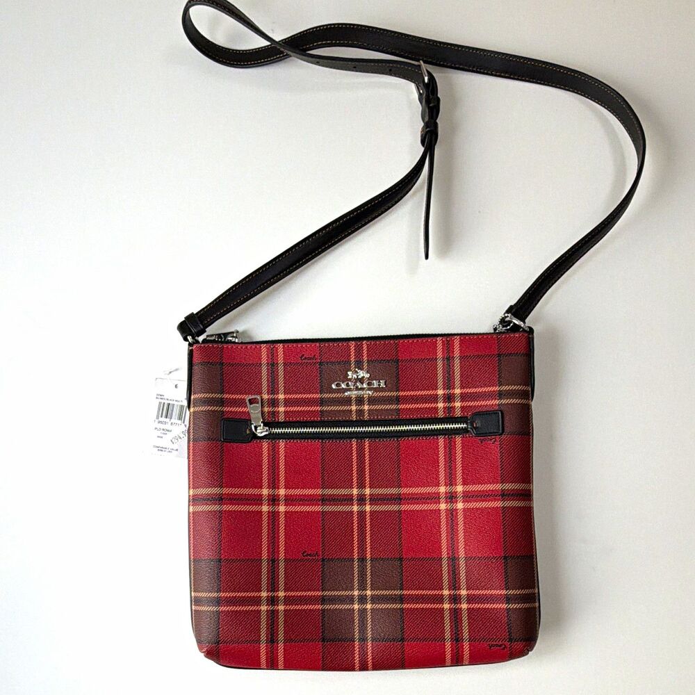 NWT Coach Rowan File Bag With Tartan Plaid Print CC924 Shoulder Women's Purse